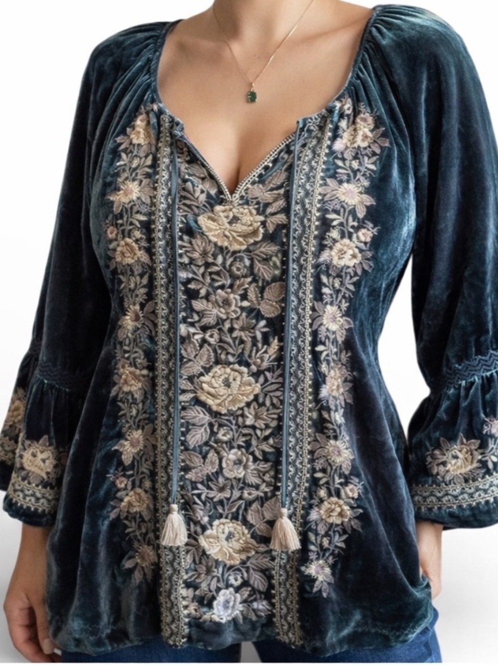 Johnny Was heavily embroidered Marushka Velvet Fare Silk-Blend Blouse NWT